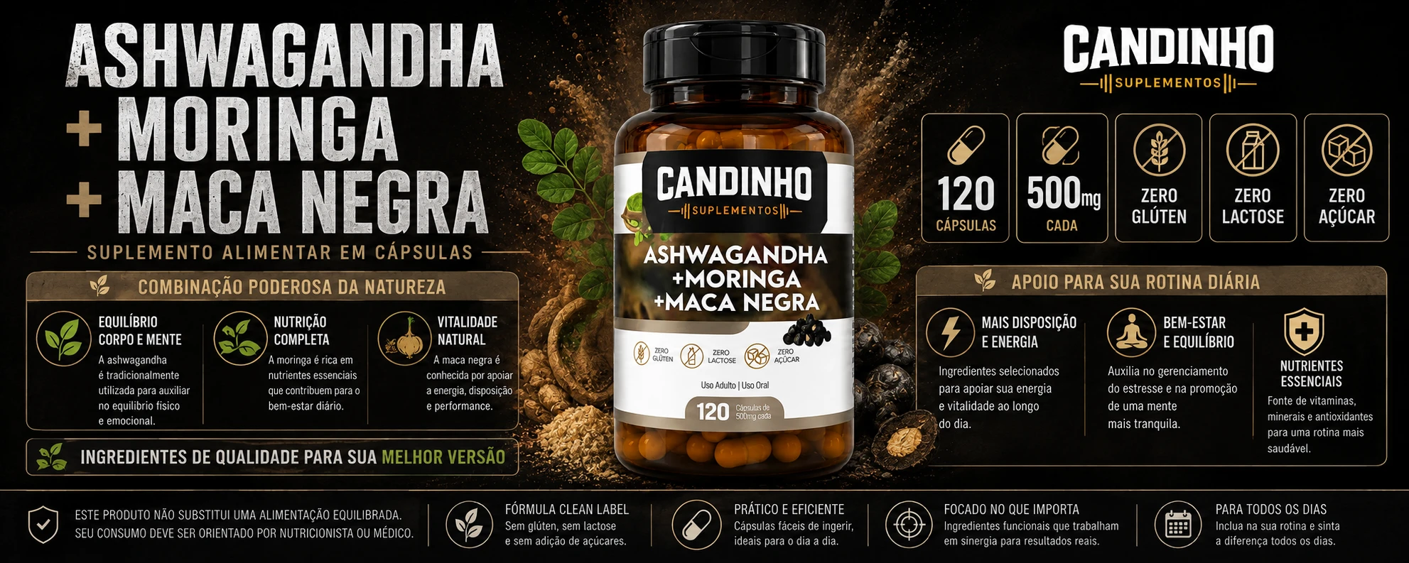 Destaque de Ashwagandha + Moringa + Maca Negra W Nutry - 120 Cápsulas