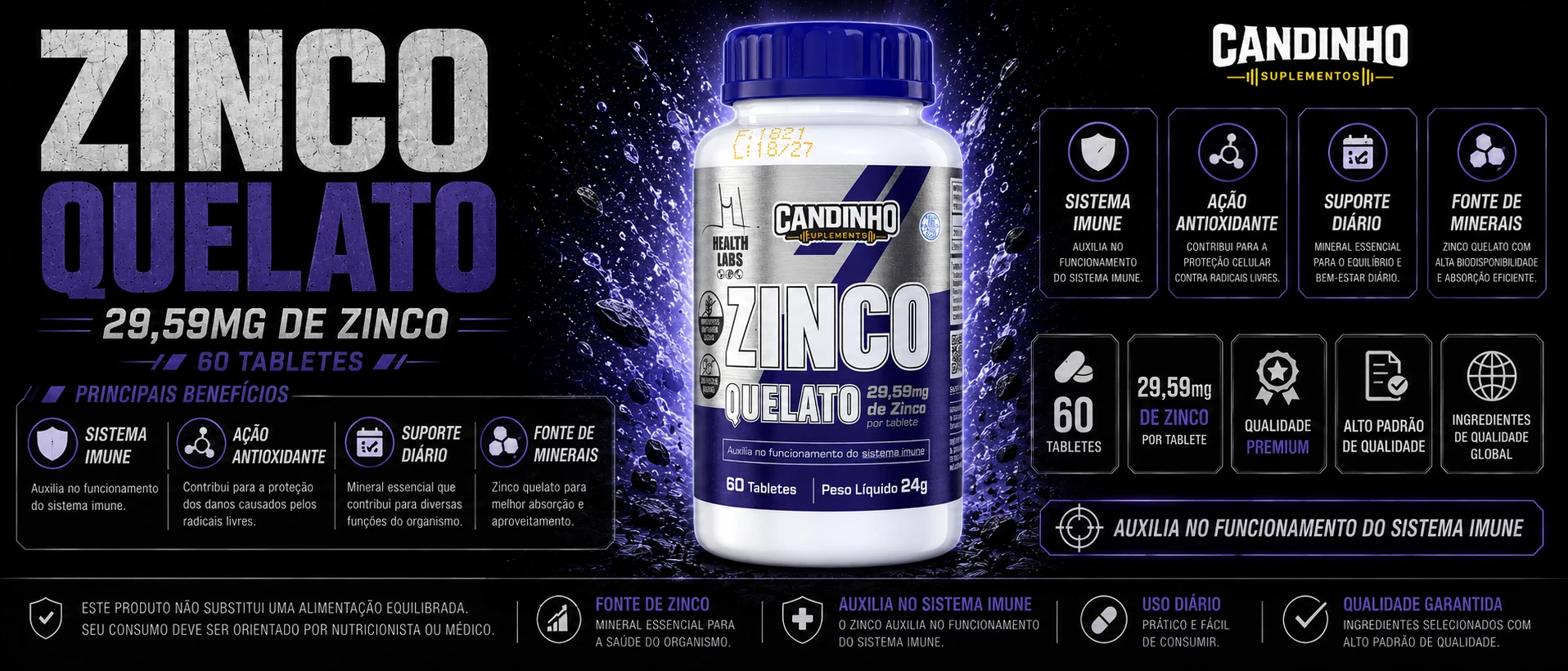 Destaque de Zinco Quelato Health Labs - 60 Comprimidos